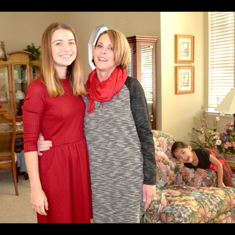Red dress, right above the knee